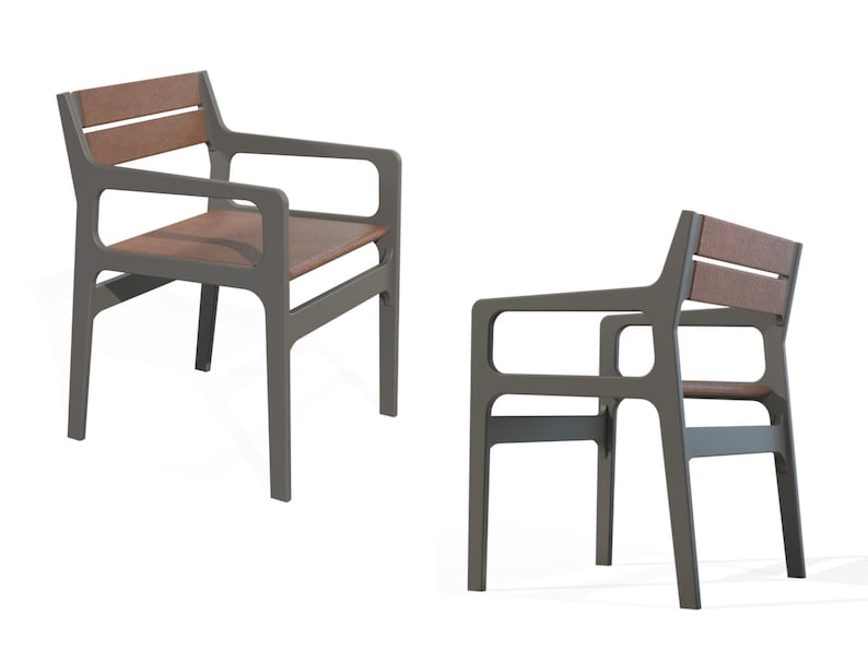 Digital CNC files for a CNC router dining chair project. Includes CNC chair plans for a sleek accent or lounge chair with arms. Ideal for makers or small businesses looking to build chairs with a CNC machine. Include CNC router files for a dining chair, cnc project plans, and instructions. Chair design shown is matte black wood with dark brown leather seat and backrest.