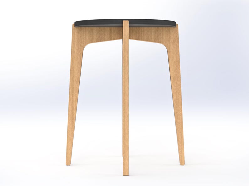 Side view of small modern end table or plant stand with a round top and curved legs. DIY CNC router project for a round, modern end table that doubles as a plant stand or bedside table. Digital woodworking plan with CNC-ready DXF and SVG files, printable PDF templates, and detailed assembly drawings. Flat-pack friendly furniture with sleek, interlocking joinery