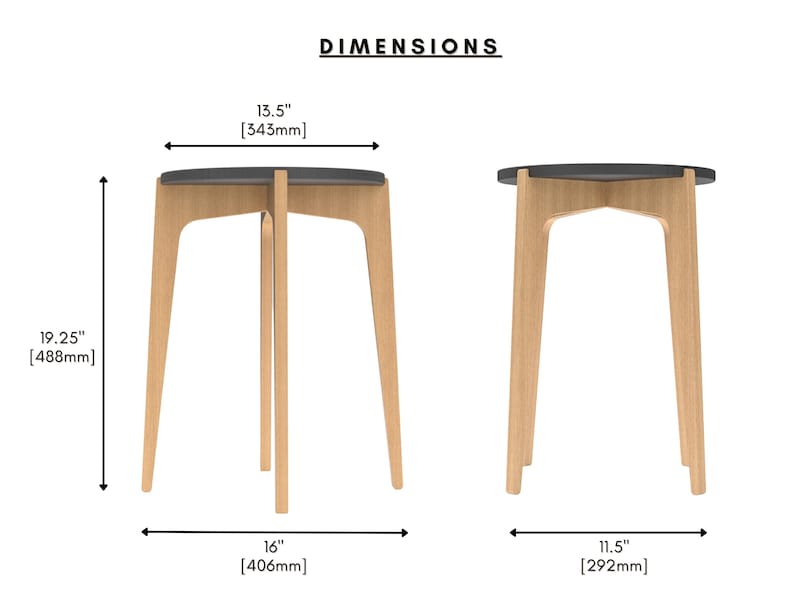 Overall dimensions for DIY CNC router project for a round, modern end table that doubles as an indoor plant stand or bedside table nightstand. Overall Table Dimensions:  16" Wide x 19.25" Tall x 13.5" Diameter Top. (406mm Wide x 488mm Tall x 343mm Diameter Top)Digital woodworking plan with CNC-ready DXF and SVG files, printable PDF templates, and detailed assembly drawings. Flat-pack friendly furniture with sleek, interlocking joinery. Small side table CNC project home decor.