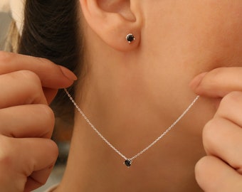 Dainty Black Onyx 925 Sterling Silver Necklace and Earrings Set