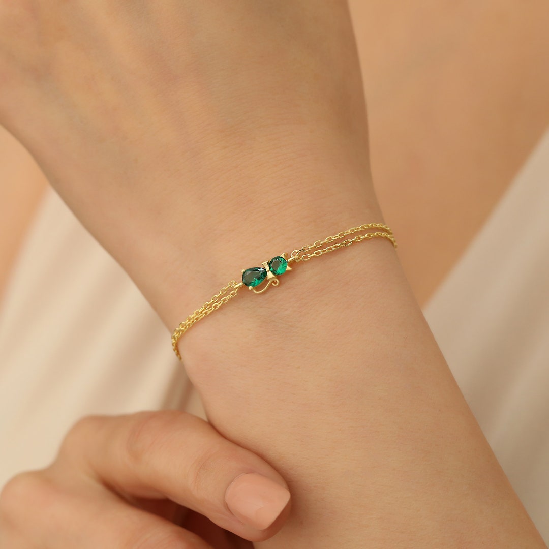 Dainty Emerald Cat Bracelet Delicate Emerald Bracelet Emerald Dainty