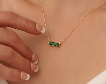 Emerald Gold Necklace Bar Emerald Minimalist Necklace Men Women Emerald Necklace Emerald May Birthstone Jewelry  Green Emerald Pendant