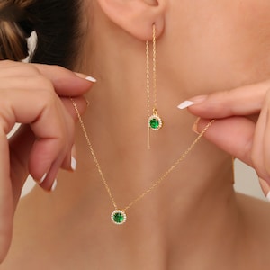 Diamond Round Emerald Necklace Earrings Gold Emerald Diamon Emerald Jewelry Set Green Emerald May Birthstone Earrings Necklace