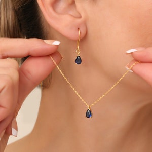 Dark Blue Sapphire Gold Pear Earrings Necklace Drop Sapphire Necklace September Birthtone Necklace Earrings Jewelry Set Sapphire Necklace