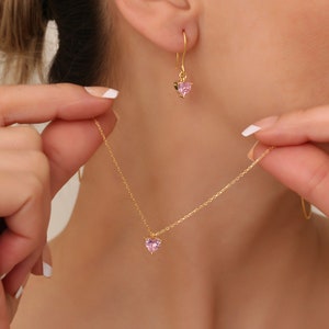 Pink Tourmaline  Heart Necklace Earrings Crystal Pink Stone Necklace Earrings Jewelry October Birthstone Jewelry Set Gift For Her Mommy Gift