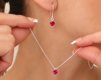 Heart Ruby Sterling Silver Jewelry Set: July Birthstone Necklace Earrings