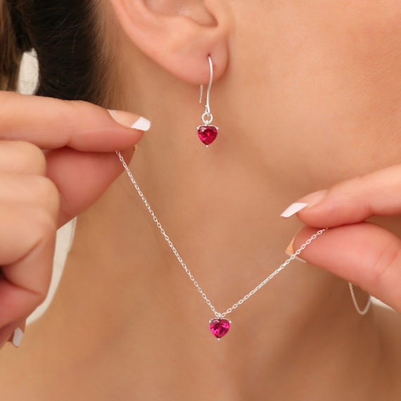 Heart Ruby Sterling Silver Jewelry Set: July Birthstone Necklace Earrings