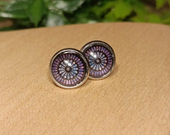 Stainless steel stud earrings with colorful mandala pattern and cabochon