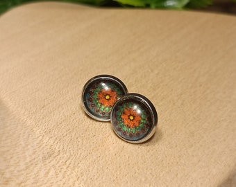 Mandala stud earrings made of stainless steel small with cabochon