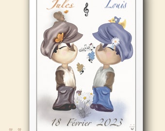 Cadre personnalisé prénoms jumeaux, affiche personnalisée naissance chambre bébés jumeaux, décoration murale chambre jumeaux, cadre jumeaux