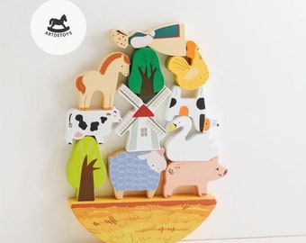 Wooden Baby Farm Animal Balance Toys - Handmade Wooden Animals for Toddler, Eco Friendly Toys for Kids, Baby Gifts, Gifts for Toddler