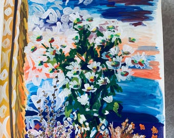 Large Floral Gouache Painting, Chrysanthemum and Sunrise Art