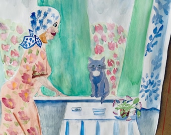 Whimsical Girl with Cat Watercolor Painting - Animal Lover Art - large painting - Pet portrait painting