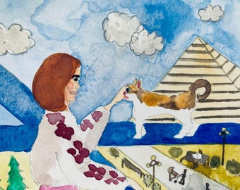 Mini watercolor artwork - with Egypt Pyramid, Woman with cat, and Nature Elements - Dream about Egypt