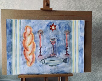 Shabbat Theme Abstract Watercolor Art - Large Wall Painting