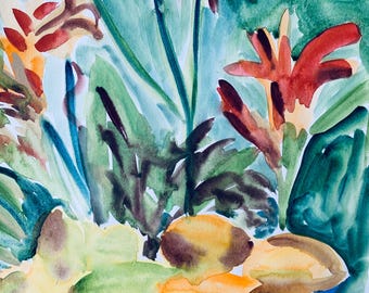 Summer  Watercolor Painting with Lilies and Courgettes in the Gaden - Medium Size