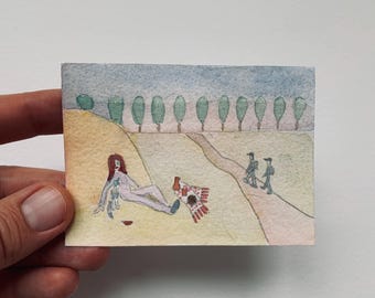 Miniature ACEO painting: woman and her cat in the hayfield, cozy painting