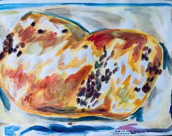 Kitchen Wall Art: Large Watercolor Painting of Bread and Raisins