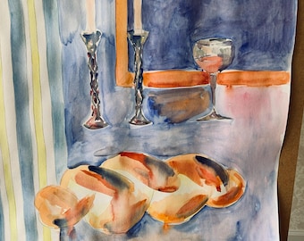 Large Watercolor Shabbat Artwork with Hala and Evening Star