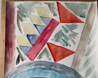 Winter vacation, large abstract painting, watercolour on paper, geometric painting