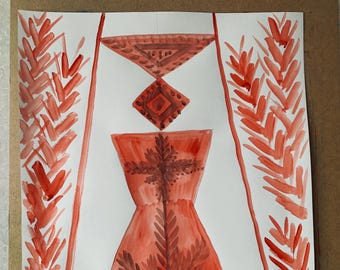 Mother Earth Watercolor Art: Red Dress with Wheat Ears as Ukrainian folk view, Large Abstract Painting