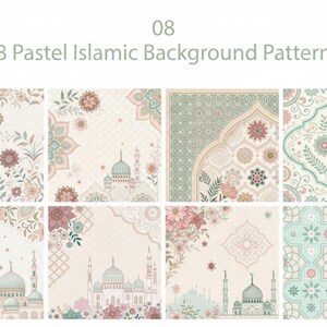 May include: Eight pastel Islamic background patterns are displayed, each featuring intricate designs. The patterns include floral motifs, mosque illustrations, and geometric shapes in soft colors like beige, pink, and teal. The text "08" and "8 Pastel Islamic Background Pattern" are at the top.