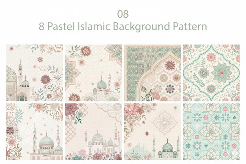 May include: Eight pastel Islamic background patterns are displayed, each featuring intricate designs. The patterns include floral motifs, mosque illustrations, and geometric shapes in soft colors like beige, pink, and teal. The text "08" and "8 Pastel Islamic Background Pattern" are at the top.