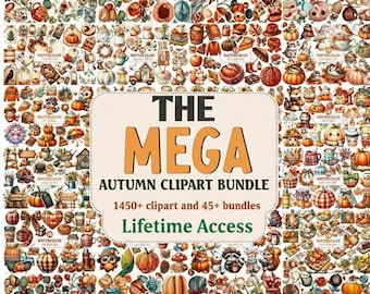 May include: A collection of autumn-themed clipart illustrations, including pumpkins, leaves, and woodland creatures. The image features the text "THE MEGA AUTUMN CLIPART BUNDLE" with "1450+ clipart and 45+ bundles" and "Lifetime Access". The color palette includes orange, brown, and beige.