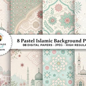 Könnte beinhalten: Acht pastellfarbene islamische Hintergrundmuster mit floralen und geometrischen Designs. Die digitalen Papiere zeigen Moscheen, Kuppeln und florale Elemente in sanften Farben wie Rosa, Grün und Beige. Der Text "8 Pastel Islamic Background Pattern" ist enthalten.