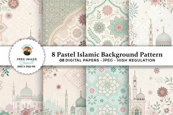 Pastel Islamic Background Patterns | 8 JPG Digital Backgrounds | Ramadan, Eid, Islamic Design Pack
