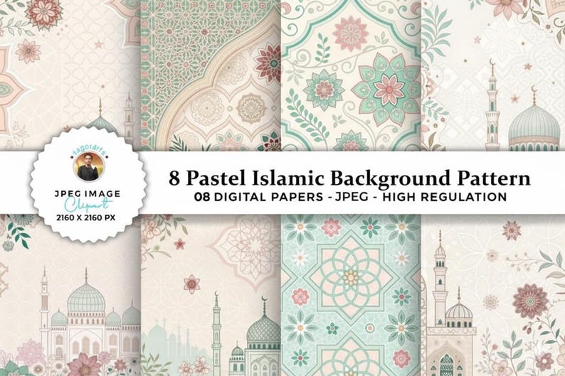 May include: Eight pastel Islamic background patterns with floral and geometric designs. The digital papers feature mosques, domes, and floral elements in soft colors like pink, green, and beige. The image includes the text "8 Pastel Islamic Background Pattern".