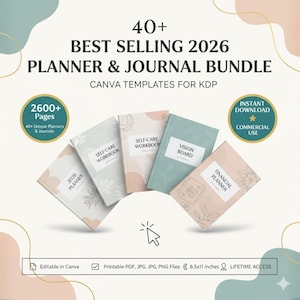 Op de afbeelding: Een bundel planners en journals met de tekst "40+ Best Selling 2026 Planner & Journal Bundle". De bundel bevat een 2026 planner, zelfzorg werkboeken, een vision board en een financieel planner. De sjablonen zijn 21,59 x 27,94 cm.