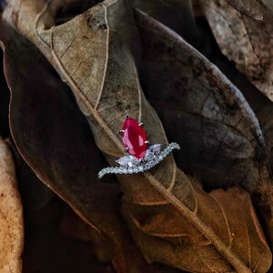 May include: A silver ring featuring a large, oval-cut, deep red gemstone as the focal point. The ring is adorned with smaller, clear gemstones and rests on a bed of dried leaves, creating a natural and elegant presentation.