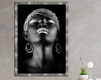 African Woman Canvas,African Woman Wall Decor,Silver Lip Artwork,Shimmery Canvas,Black Woman Art,Ethnic Artwork,Large Wall Art, Ethnic Woman