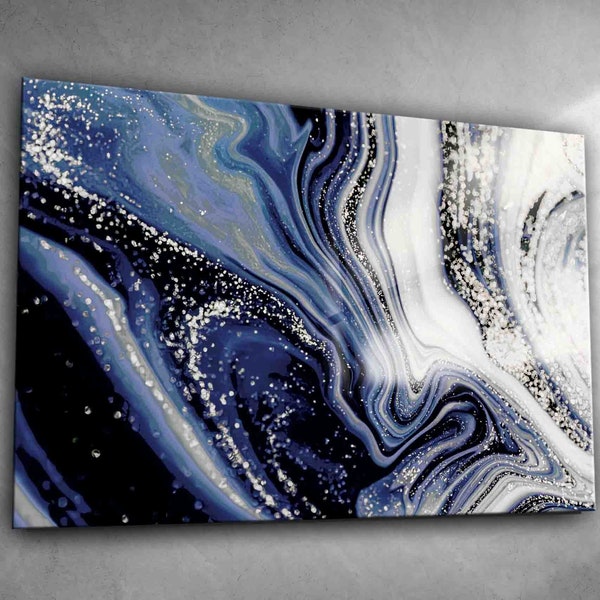 Navy Blue Gray Marble Tempered glass printing wall art,Stained glass,Luxury Wall Art,Abstract Wall Decor,Navy Blue silver,abstract glass