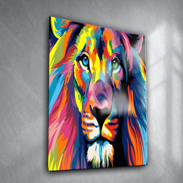 Art mural imprimé en verre coloré de lion, art moderne de lion, décoration murale en verre animal, verre trempé, décoration abstraite en verre, lion abstrait en verre
