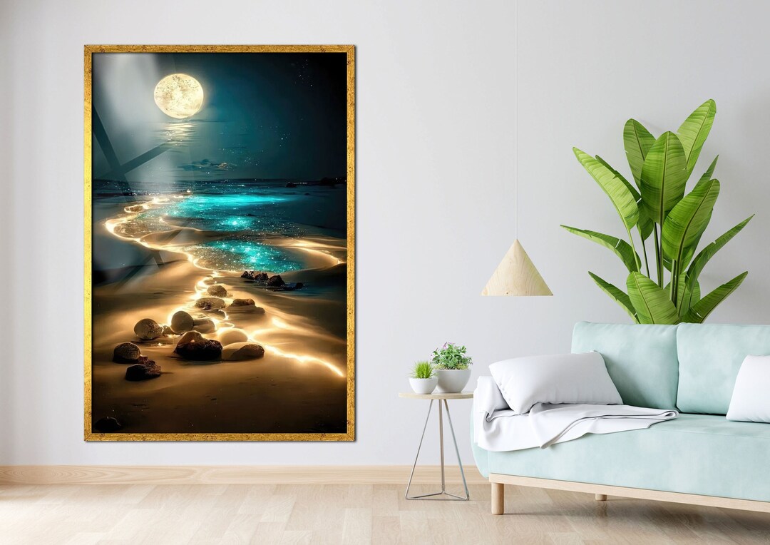 3D Tropical Natura Landscape, Moon Light Wall Art, Seascape Wall Decor