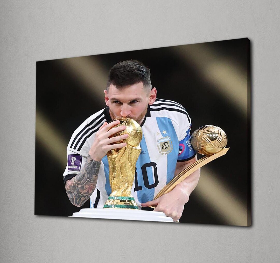 Messi Kissing World Cup Canvas, Football Wall Art, World Cup Canvas