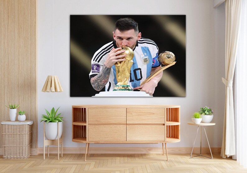 Messi Kissing World Cup Canvas, Football Wall Art, World Cup Canvas
