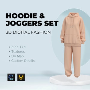 May include: A 3D digital fashion model wearing a peach-colored hoodie and matching joggers. The model is standing on a white platform. The text "HOODIE & JOGGERS SET 3D DIGITAL FASHION" is displayed above the model. The text "ZPRJ File, Textures, UV Map, Custom Details" is listed below the model. The logos for Cinema 4D and Maya are displayed in the bottom left corner.