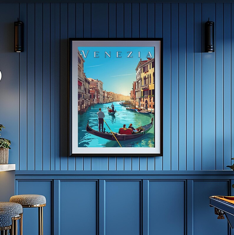 May include: A vintage travel poster featuring a colorful illustration of a gondola on a canal in Venice, Italy. The poster has the word "VENEZIA" in a stylized font at the top.