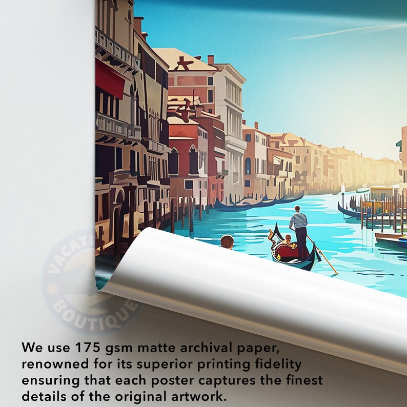 May include: A colorful illustration of a gondola on a canal in Venice, Italy. The buildings lining the canal are a mix of red, yellow, and white. The sky is blue with white clouds.