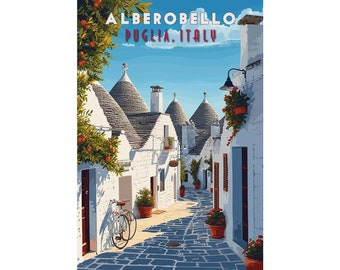 Vintage Puglia Print: Experience Alberobello's Trulli Houses in Retro Style | Vintage Alberobello Wall Art | Italy Travel Poster