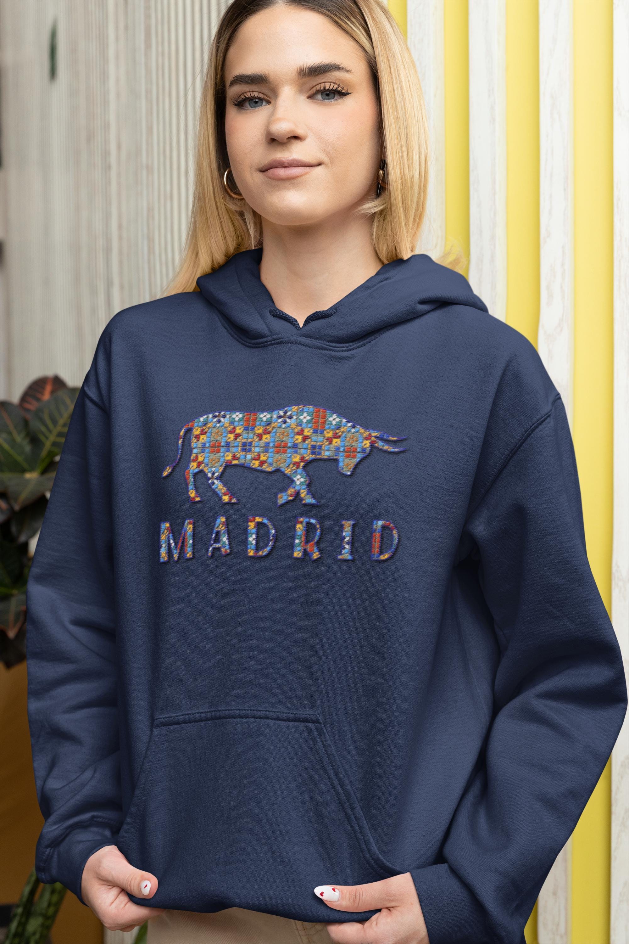 Madrid Graphic Hoodie: Spanish Bull Tile Pattern, Unisex Cotton Blend