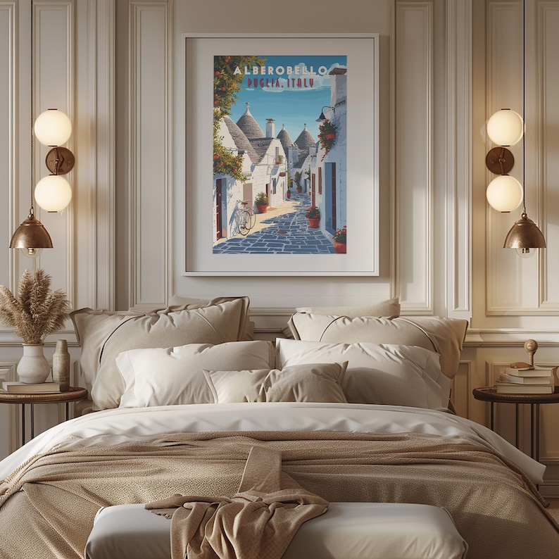 May include: A vintage travel poster featuring a picturesque street scene in Alberobello, Puglia, Italy. The poster depicts white-washed buildings with conical roofs, a bicycle, and a cobblestone street.