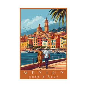 Explore the Charm of Cote d&#39;Azur - Vibrant Menton Travel Print, Retro France Wall Art | French Riviera Travel Art