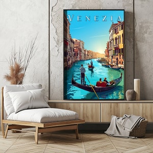 May include: A vintage travel poster featuring a colorful illustration of gondolas on a canal in Venice, Italy. The poster has the word "VENEZIA" in large, white letters at the top.