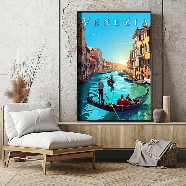 May include: A vintage travel poster featuring a colorful illustration of gondolas on a canal in Venice, Italy. The poster has the word "VENEZIA" in large, white letters at the top.