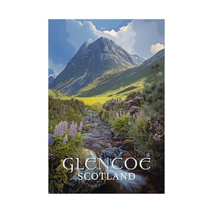 Glencoe Vintage Travel Retro Wall Art, Scottish Highlands, Scott Culture, Nature, Scottish Mountains, Scottish Village