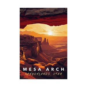 Canyonlands Mesa Arch and Moab Vintage Travel Art for National Park Visitors, Sunrise & Sunset Print